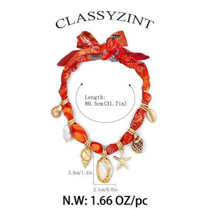 CLASSYZINT Scarf Necklace with Charms Heart Choker Necklace Shell Necklace Bandana Necklac Statement Choker Jewelry - color: Orange