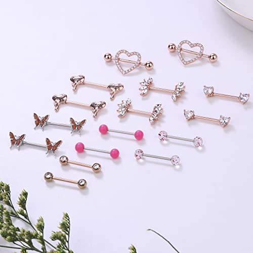 Besteel 8 Pairs Nipple Rings 14G Stainless Steel Nipplerings CZ Heart Butterfly Ball Tongue Barbell Rings Retainer Body Piercing Jewelry for Women