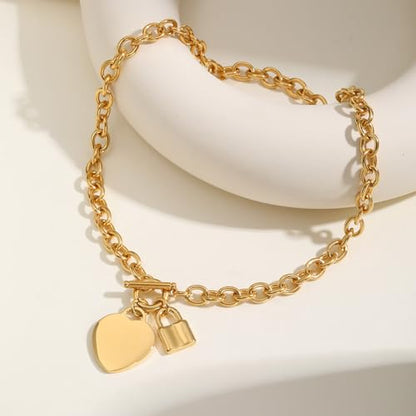 VNOX Personalized Initial Name Stainless Steel Trendy Cable Chain Bracelet Neckalce Set with Padlock Heart Charm and Toggle Clasp Closure - color: Gold Necklace