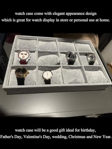Jewelry Watch Tray, Grey Velvet Watch Jewelry Organizer 12 Grid, Stackable Watch Bracelet Bangle Display Holder, Adjustable Pillows, for Man Woman Show Birthday - color: Grey