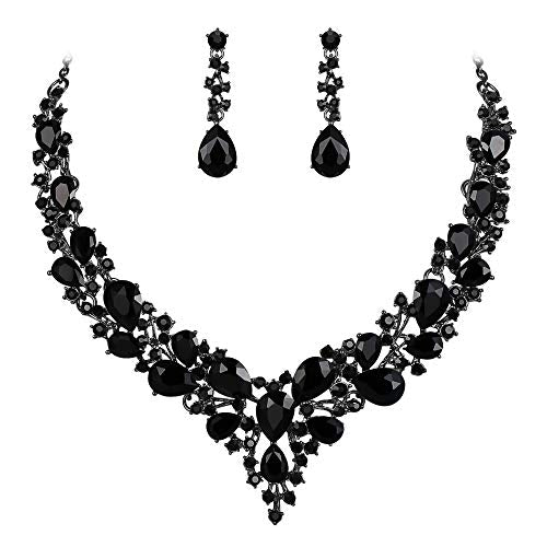 Women's Wedding Statement Necklace Dangle Earring Jewelry | Austrian Crystal Teardrop Cluster,Necklaces Earrings Set for Bride Bridesmaid,Prom Accessories - color: 02-Black Black-Tone