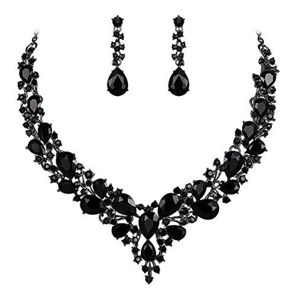 Women's Wedding Statement Necklace Dangle Earring Jewelry | Austrian Crystal Teardrop Cluster,Necklaces Earrings Set for Bride Bridesmaid,Prom Accessories - color: 02-Black Black-Tone