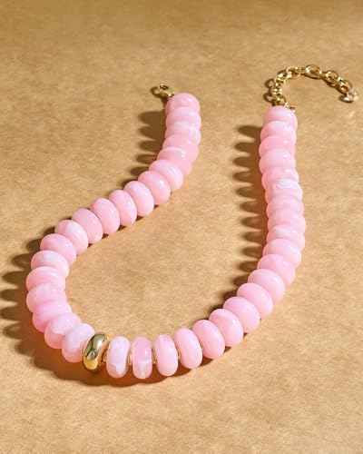 Chunky Beaded Necklace for Women Boho Statement Bead Necklace Adjustable Choker with Polished Disc/Square Beads Trendy Summer Beach Jewelry Gifts - color: Pink