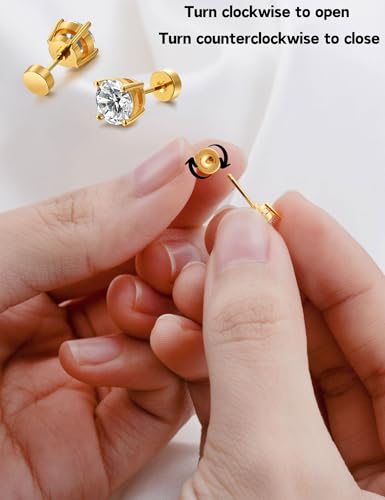 Kainier Women's 14K Gold Plated CZ Stud Earrings Simulated Diamond Round Cubic Zirconia Ear Stud Set（5 Pairs)… - color: Flatback-Gold