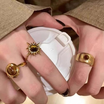 3Pcs Vintage Gold Tiger Eye Stone Knuckle Rings for Women,Stacked Bohemian Sun Statement Index Finger Rings,Personalized Trendy Jewelry Accessories Gifts