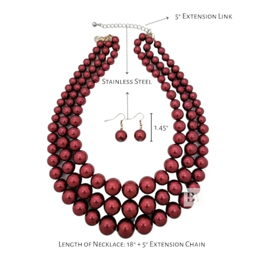 Simulated Pearl Necklace & Earring Set, Multi Strand - color: Burgundy