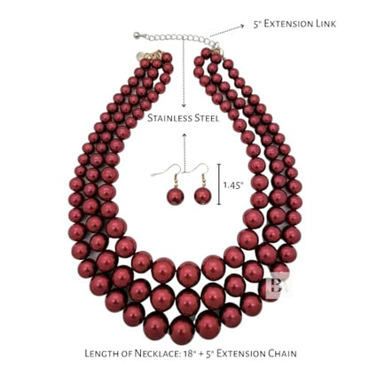 Simulated Pearl Necklace & Earring Set, Multi Strand - color: Burgundy