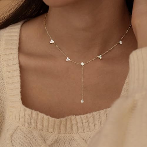 Long Gold Necklace For Women,Dainty Lariat Y Necklace 14K Gold Plated Cute Cubic Zirconia Lariat Necklaces Trendy Simple Statement Rhinestone Choker Necklaces Summer Jewelry - color: Gold-style 4