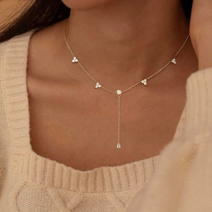 Long Gold Necklace For Women,Dainty Lariat Y Necklace 14K Gold Plated Cute Cubic Zirconia Lariat Necklaces Trendy Simple Statement Rhinestone Choker Necklaces Summer Jewelry - color: Gold-style 4