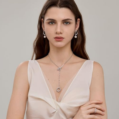 ARSIS Lariat Long Gold Necklace for Women, 18K Gold/Platinum Plated Y-Shaped Drop Dangle Pendant Necklace, Long Adjustable Pull Slider Chain Jewelry Gift for Her - color: Silver-OT clasp slider