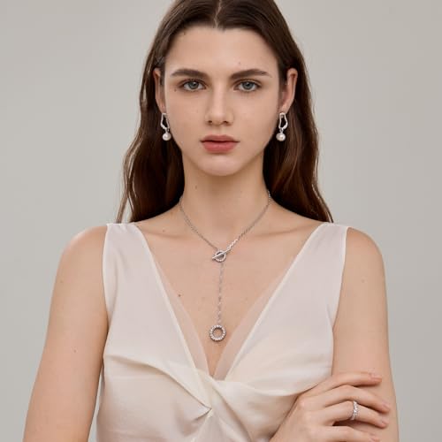 ARSIS Lariat Long Gold Necklace for Women, 18K Gold/Platinum Plated Y-Shaped Drop Dangle Pendant Necklace, Long Adjustable Pull Slider Chain Jewelry Gift for Her - color: Silver-OT clasp slider