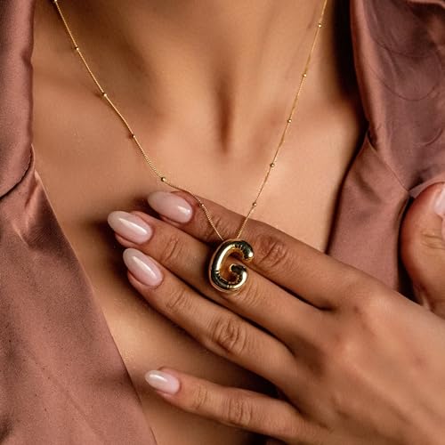 Gold Bubble Initial Necklace for Women Balloon Letter Necklace 18K Gold Plated Dainty Alphabet Pendant Puffy Name Personal Necklace - color: G