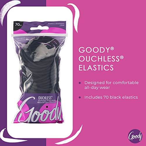 Goody Ouchless Hair Elastics – No Pull, No Breakage, Tangle-Free Hold for Thick, Curly, Coily & Textured Hair – 70 Count, Black, Long-Lasting Ponytail Holders for Women & Men