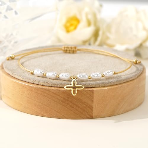 Boho Glass Seed Beaded Bracelets For Women, Handmade Romantic Gold Plated charm String Braided Rope Adjustable Jewelry, Summer Beach Daily Party Friendship Gift - color: Pearl Cross