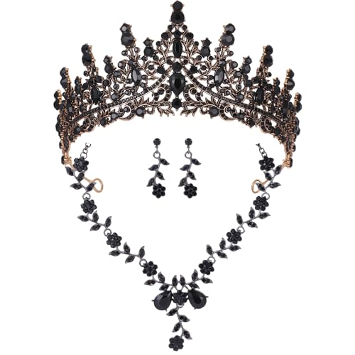 Kamirola Tiaras and Crowns for Women,Tiaras Earrings Necklace, Crystal Bridal Jewelry Set (TR48) - color: Black