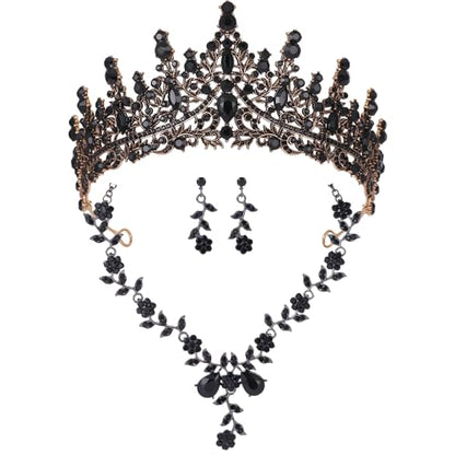 Kamirola Tiaras and Crowns for Women,Tiaras Earrings Necklace, Crystal Bridal Jewelry Set (TR48) - color: Black