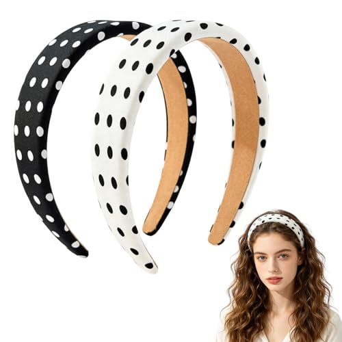 Padded Headband for Women, Polka Dot Wide Headbands, Thick Sponge Hair Bands, Non-Slip Fashion Hair Accessories for Daily Wear, Party, 2 Pack (Black & White)