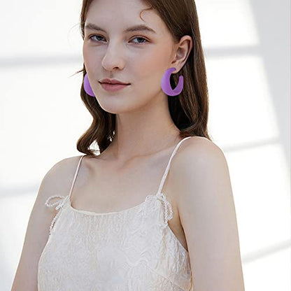 Acrylic Resin C Shape Colorful Hoop Trendy Chunky Cute Candy Earrings - Jewelry for Women - color: Dark Violet