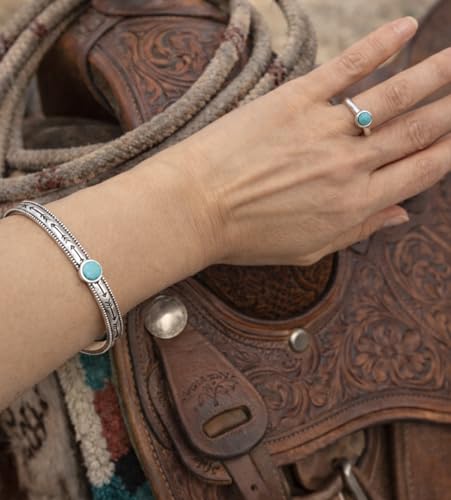 Isac Turquoise Jewelry Set, Silver Cuff Bracelet and Ring, Arrow Engraved, Boho Western Style
