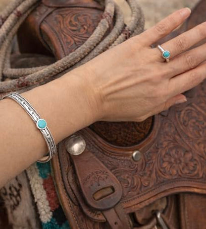 Isac Turquoise Jewelry Set, Silver Cuff Bracelet and Ring, Arrow Engraved, Boho Western Style