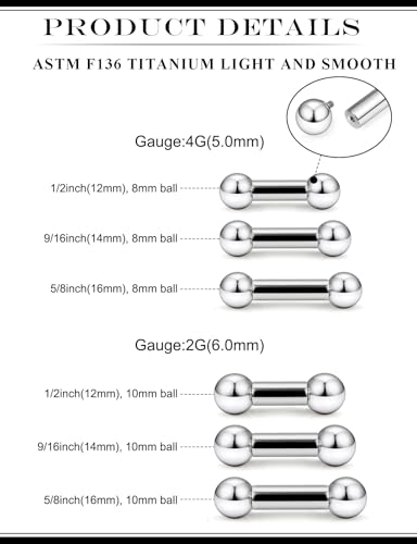 2G 4G 6G 8G 10G 12G 14G 16G Astm F136 Titanium Internally Threaded Nipple Tongue Rings Piercing Jewelry Industrial Straight Barbell Tongue Nipple Ring Bridge Piercing Jewelry For Women Men - size: 2 Gauge-14MM