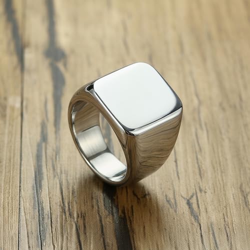 Stainless Steel Square Signet Rings for Men Women Gold/Silver Plain Pinky Thumb Ring, Gift for Dad Husband - color: Square Silver
