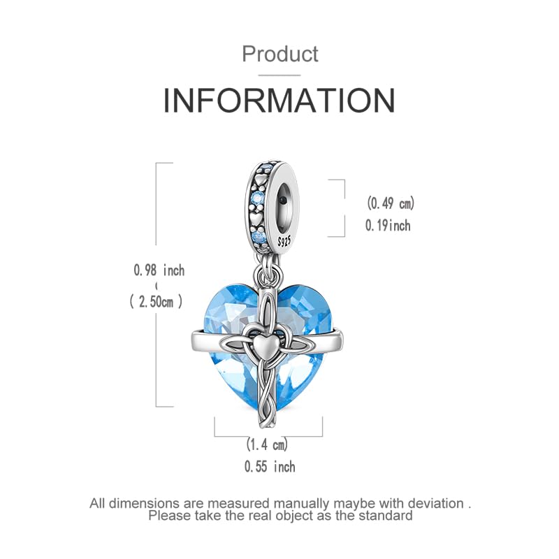LNQOBU Birthstone Charm for Bracelets,925 Sterling Silve Heart Dangle Charms for Pandora Bracelets - color: C-March