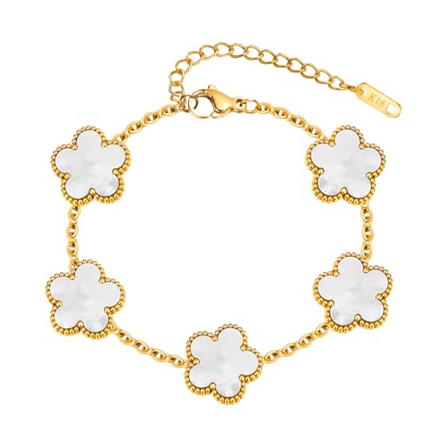 Women Gold Bracelets Jewelry Set - 3Pcs 18K Gold Plated Floral Bracelet,Stainless Steel Charm Bracelet Non-Tarnish,Adjustable Lucky Chain Trendy Gift,Christmas Valentines Birthday Gifts for Girlfriend - style: White