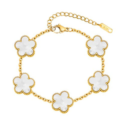 Women Gold Bracelets Jewelry Set - 3Pcs 18K Gold Plated Floral Bracelet,Stainless Steel Charm Bracelet Non-Tarnish,Adjustable Lucky Chain Trendy Gift,Christmas Valentines Birthday Gifts for Girlfriend - style: White