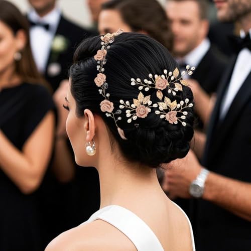 Wedding Hair Accessories Hair pieces Set Crystal bridal hair pins Rhinestone Pearl hair comb Brides and Bridesmaids, Girls, Women(（4PCS/SET PINK) - color: pink