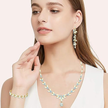 Paxuan Wedding Jewelry Sets for Bride Bridesmaid Bridal Jewelry Set for Women Wedding Crystal Necklace Earrings Bracelet Set for Party Prom Jewelry - color: AB - 14K Gold