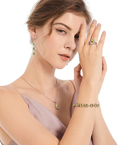 LMXXVJ Necklace Long Earrings Bracelet Set, White Gold Plated Created Blue Sapphire Jewelry Set Wedding Party Gift Jewelry for Women Bridal Bridesmaid - color: White Gold-Yellow Ring