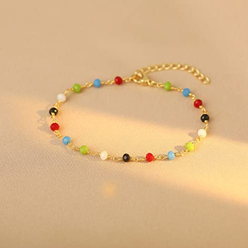 Womens Dainty Gold Chain Bracelet,Simple Layered Chain Bracelets,Beaded Turquoise Bracelet,Charm Crystal Bar,Heart,Karma,Triangle,Pearl Bracelets for Women - color: Multi-Color Crystal