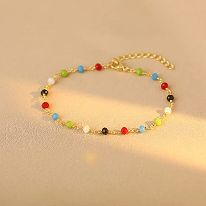 Womens Dainty Gold Chain Bracelet,Simple Layered Chain Bracelets,Beaded Turquoise Bracelet,Charm Crystal Bar,Heart,Karma,Triangle,Pearl Bracelets for Women - color: Multi-Color Crystal
