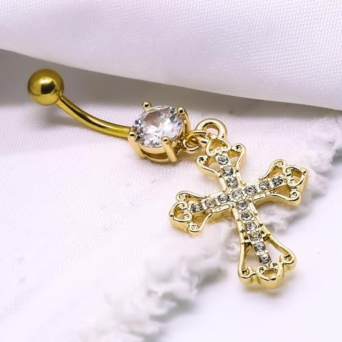VERAMI 14G 316L Celtic Cross Belly Button Ring Surgical Steel Paved Gems Dangling Belly Button Ring Body Piercing Jewelry - color: Gold:C-5