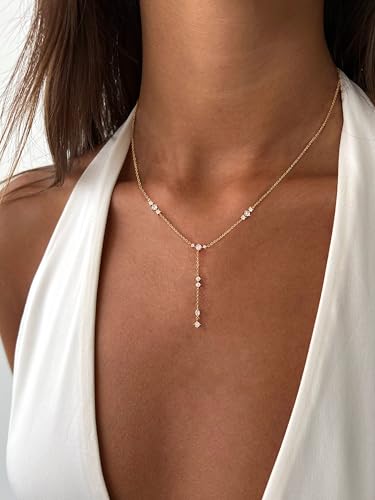 LuckFairy Lariat Necklace for Women，Dainty Gold Long Necklaces 14k Gold Plated CZ Lips Bead Y-Shaped Drop Chain Necklace Simple Gold Layered Necklaces for Women Trendy Gold Jewelry Gifts for Women - color: Gold-dainty long necklace