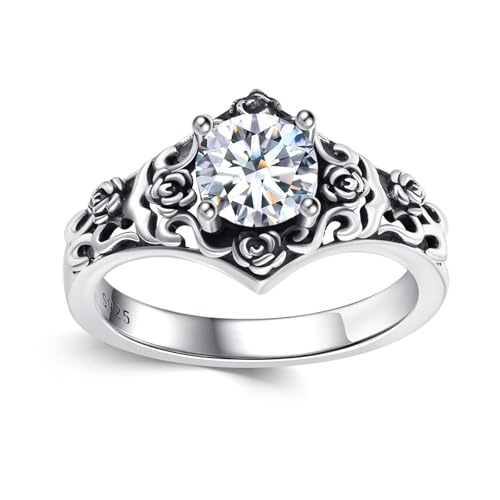 Vintage Style 1 Carat Round Cut Birthstone Ring 925 Sterling Silver Stone with Oxidized Rose Filigree Anniversary Engagement Ring for Women Gifts Size 5-12 - color: Moissanite
