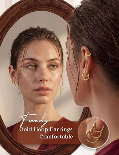 Tungary Small Gold Hoop Earrings for Women Huggie CZ Hoops Earring Stacks | Hypoallergenic Earing Hoops for Sensitive Ears, Earrings Stack Set for Cartilage, Secure Clasp, Silver/Black/14K Gold Plated - color: 14K Gold-Sterling Silver Post