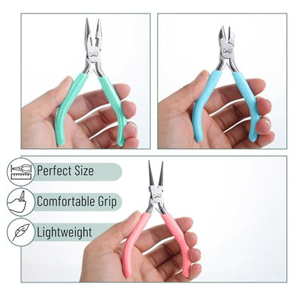 Mr. Pen- Pliers for Jewelry Making, 3 Pack, Chain Nose | Round Nose Pliers Set and Wire Cutter for Beading, Wire Wrapping, Jump Rings, Jewelry Repair, Crafting, DIY - color: Pastel 2