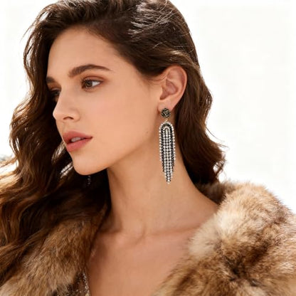Fringe Dangling Tassel Earrings for Women, Handcrafted Chandelier Long Bohemian Beaded Cubic Zirconia Crystal Imitation Pearls Inlay Statement Boho Chain Hook Earrings for Wedding Party - color: White Black Fringe