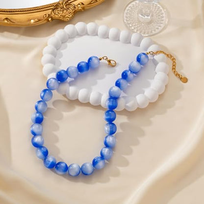 Beaded Necklace for Women Boho Chunky Large Round Beaded Statement Choker Trendy Adjustable Resin Necklaces Summer Beach Jewelry Gifts - color: Royla Blue