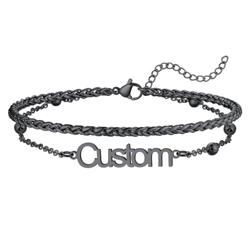 U7 Custom Layered Ankle Bracelets for Women Stainless Steel Bead/Cuban/Figaro/Rope/Wheat Chain Anklet Waterproof Anklet Jewelry for Beach Vacation - color: c-Black-Wheat Chain
