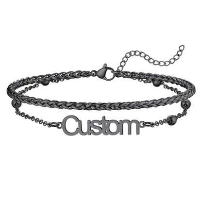 U7 Custom Layered Ankle Bracelets for Women Stainless Steel Bead/Cuban/Figaro/Rope/Wheat Chain Anklet Waterproof Anklet Jewelry for Beach Vacation - color: c-Black-Wheat Chain