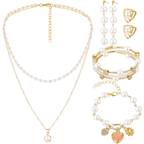 Glenmal Pearl Rhinestone Jewelry Set for Women Pearl Necklace Bracelet Earrings for Wedding Halloween Bridal Shower Tea Party - style: Stylish Style