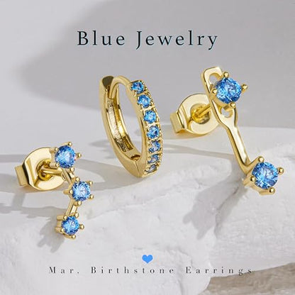 3 Pairs Dainty Small Earrings Set for Women Trendy, Birthstone Stud Huggie Hoop Jacket Stack for Cartilage Helix, Gold Plated Hypoallergenic Cute Women Fashion Accessories Western Jewelry Gifts - color: 03Blue Created Aquamarine-Mar (Gold)