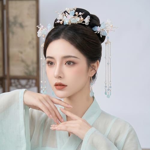 Hanfu Hair Accessories Set Green Butterfly Tassel Chinese Vintage HairStick | Hair Sticks, Butterfly Tassel Hairpin Comb, Earrings Kit, Rhinestone Pearl, Wedding Bridal Cosplay Daily Wear