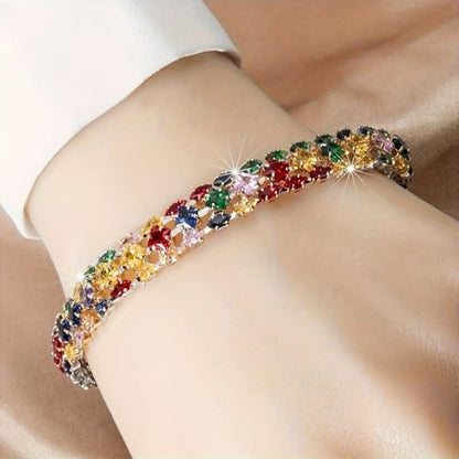 1PCS Bohemian Tennis Bracelet for Women, Golden Plated Copper Colorful Synthetic Zirconia, Elegant Jewelry for Anniversary - color: Gold