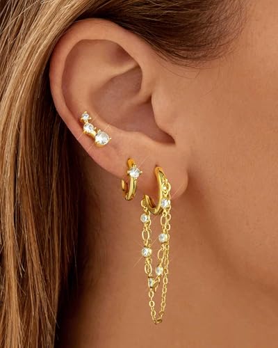Tassel Chain Small Gold Hoop Dangle Earring For Women Huggie Earring Heart Star CZ 14K Gold Plated Fashion Jewelry Graduation Gift for Her Mothers Day Gifts for Mom - color: Gold-3 Pairs A