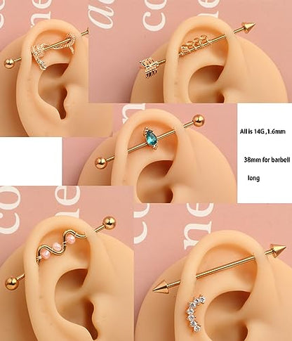 TIANCI FBYJS 7-16pcs 14G Stainless Steel Industrial Piercing Barbell Earring Cartilage Body Jewelry 38mm 1&1/2 Inch Industrial Piercing Bar for Women Men Snake Chain Dangle - color: rose gold