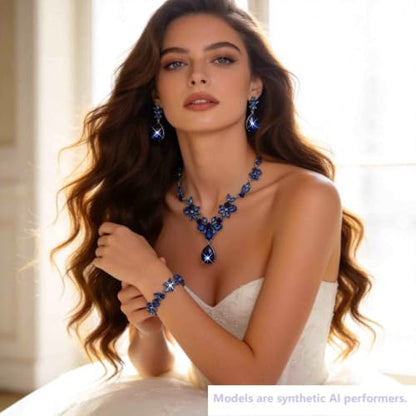 Kamirola Bridal Jewelry Set, Jewelry Set for Women, Necklace Dangle Earrings Bracelet Set, White Gold Plated (TR76) - color: Blue